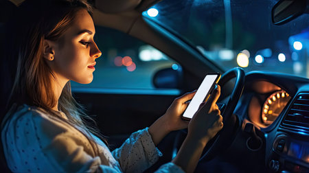 A woman sitting in her car at night, using her smartphone with the dashboard lights on.の素材