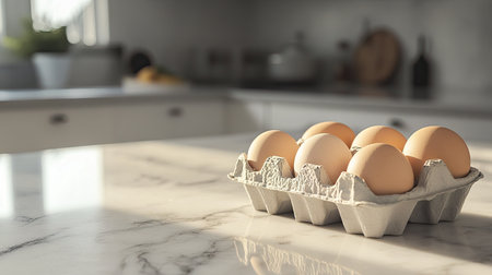 Fresh chicken eggs in a carton, placed on a marble countertop with a soft-focus kitchen background.の素材