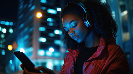 A woman wearing headphones, browsing her smartphone late at night with a focused expression.の素材