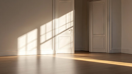 Bright sunlight spilling through a door portal, casting soft reflections on the clean floor of an empty room.の素材