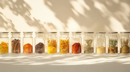 A visually striking display of glass jars filled with vibrant spices like saffron, turmeric, and cayenne pepper, isolated against a light background.の素材