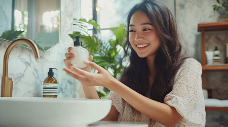A woman in a modern bathroom pouring shampoo onto her hand, with a gentle smile, preparing for a refreshing shower.の素材