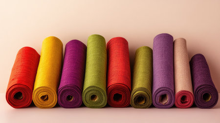 A vibrant set of cotton fabric rolls in shades of green, purple, and red, isolated on a light, minimalistic backdrop.の素材
