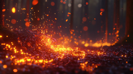 Fiery sparks shooting from a pile of glowing embers, illuminating the darkness with warm hues.の素材