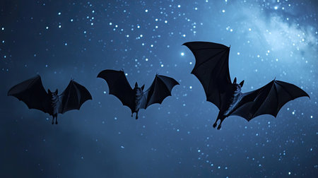 Bats flying across the night sky, their wings spread wide as they glide under the shimmering stars.の素材