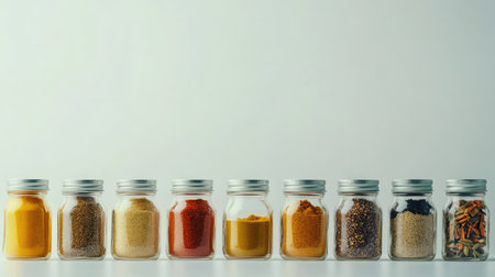 A vibrant selection of glass jars filled with popular spices like curry, paprika, and garlic powder, isolated on a clean, white background.の素材