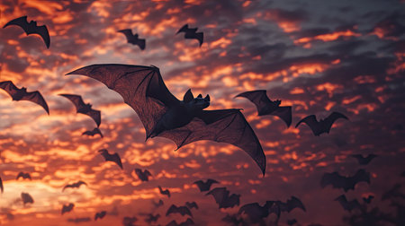 Bats flying against a dramatic, darkening sky, their wings flapping as they move across the fading daylight.の素材