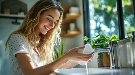 A woman standing at the bathroom sink, pouring a generous amount of shampoo into her hand, ready to begin her hair care routine.の素材