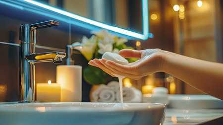A woman's hand squeezing shampoo from a bottle, with a gentle pour in a stylish, well-lit bathroom.の素材
