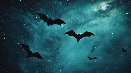 Bats flying across the night sky, their wings spread wide as they glide under the shimmering stars.の素材