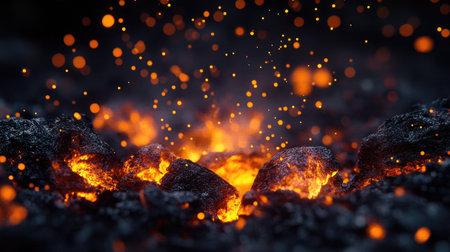 Glowing embers slowly burning, with golden sparks floating in the blackness of the background.の素材