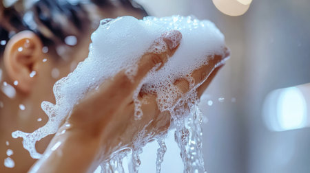 A woman pouring a generous amount of shampoo onto her hand, ready to apply it to her hair in a bright, clean bathroom.の素材