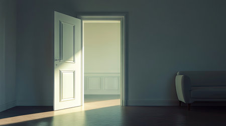 The soft glow of bright light from an open door illuminating an empty room, with minimal furniture and a serene ambiance.の素材