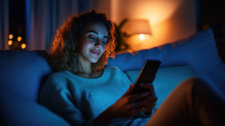 A woman relaxing on a couch, holding her smartphone while streaming content at night.の素材