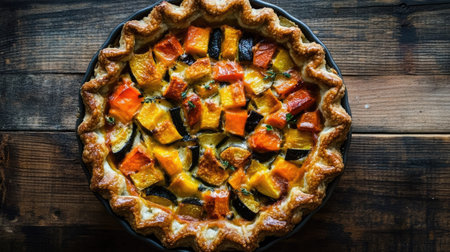 A wholesome and colorful vegetable casserole with a rich, golden crust, placed on a rustic wooden table.の素材