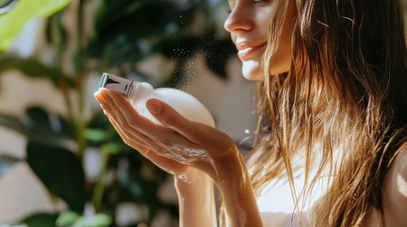 A woman with long hair pouring shampoo into her hand from a sleek bottle, preparing to start her hair care routine.の素材