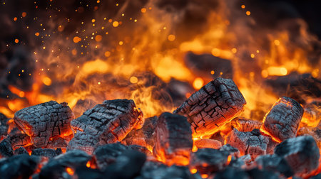 Fiery sparks shooting from a pile of glowing embers, illuminating the darkness with warm hues.の素材