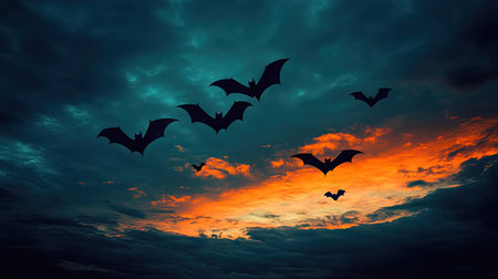 Bats flying against a dramatic, darkening sky, their wings flapping as they move across the fading daylight.の素材