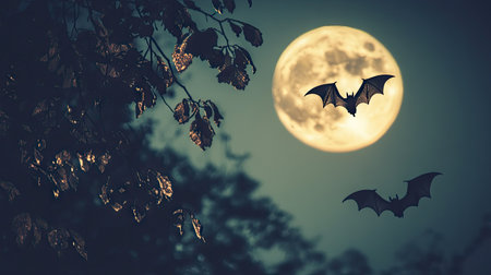 Bats flying through the evening sky, their silhouettes outlined against the backdrop of a glowing full moon.の素材