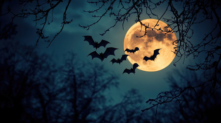 Bats flying through the evening sky, their silhouettes outlined against the backdrop of a glowing full moon.の素材