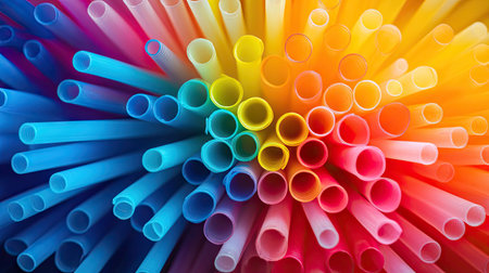An artistic arrangement of vibrant drinking straws, creating a striking and colorful visual.の素材
