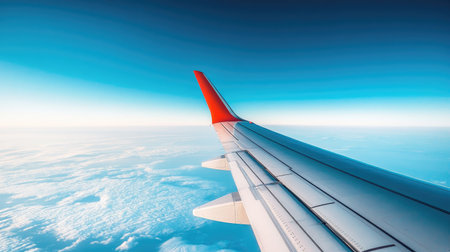 The wing of an airplane in flight, gliding through a cloudless blue sky, with a peaceful and serene atmosphere.の素材