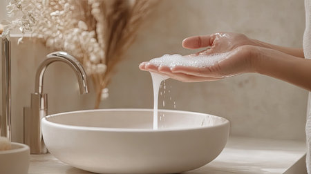 A woman in a minimalist bathroom pouring shampoo onto her hand, with focus on the texture of the shampoo as it falls.の素材