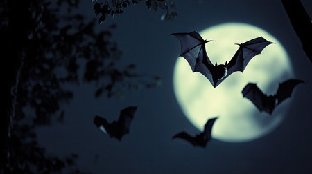 Several bats flying in the dark sky, illuminated by the soft glow of the moon, creating a captivating and eerie scene.の素材