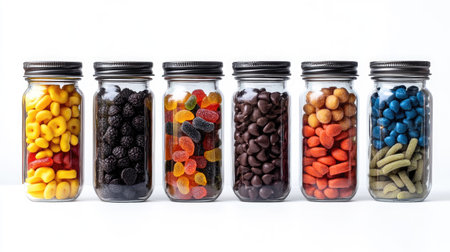 Multiple jars filled with a variety of mouth-watering candies, including sour gummies, chocolate truffles, and licorice, isolated on a white background.の素材