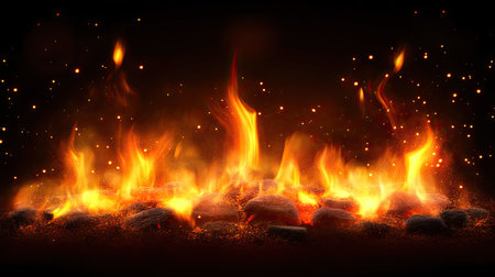 Glowing fiery embers and dancing sparks rising against a dark background, creating a warm and intense atmosphere.の素材