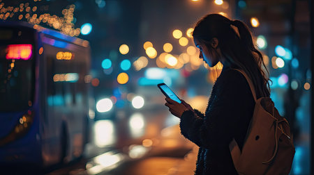 A woman standing on a city street at night, using her smartphone while waiting for a ride.の素材