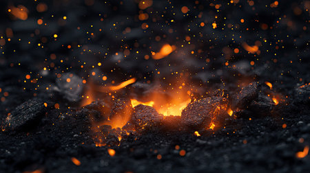 Glowing embers slowly burning, with golden sparks floating in the blackness of the background.の素材