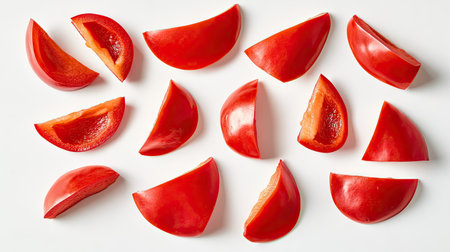 An overhead shot of red chili pepper slices arranged in a minimalist style on white.の素材