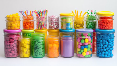 Brightly colored jars packed with a variety of candies, including mints, lollipops, and gumdrops, isolated against a simple background.の素材