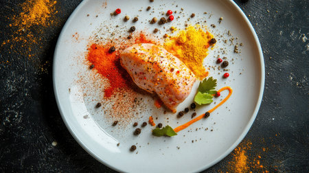 Fresh raw chicken fillet on a clean plate, surrounded by an array of vibrant spices including turmeric, pepper, and paprika.の素材