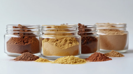 Glass jars filled with an assortment of colorful spices like ginger, nutmeg, and cinnamon, isolated on a simple white background.の素材