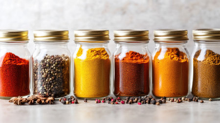 Glass jars filled with colorful spices like paprika, curry powder, and cloves, neatly arranged on a clean surface with a soft, neutral background.の素材