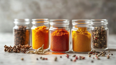 Glass jars filled with colorful spices like paprika, curry powder, and cloves, neatly arranged on a clean surface with a soft, neutral background.の素材