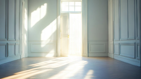 Sunlight pouring through the doorway into a spacious, empty room, creating a soft, radiant glow across the floor.の素材