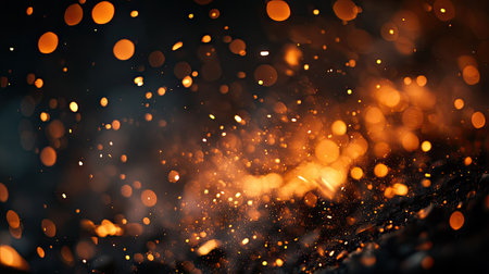 Fiery sparks flying from crackling embers, illuminating the dark background with intense warmth.の素材