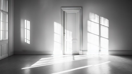 Sunlight streaming through the doorway into a quiet, empty room, creating a dramatic play of light and shadow.の素材