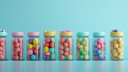 Brightly colored jars packed with a variety of candies, including mints, lollipops, and gumdrops, isolated against a simple background.の素材