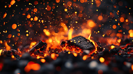 Fiery sparks crackling and scattering into the air above red-hot embers in a mesmerizing display.の素材