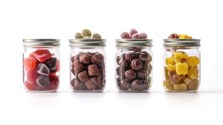 Multiple jars filled with a variety of mouth-watering candies, including sour gummies, chocolate truffles, and licorice, isolated on a white background.の素材