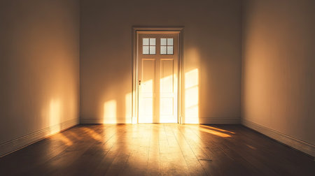 Sunlight pouring through the doorway into a spacious, empty room, creating a soft, radiant glow across the floor.の素材