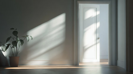 Light pouring through a doorway into an empty, minimalist room, creating a serene, inviting atmosphere.の素材