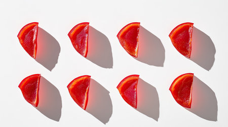 An overhead shot of red chili pepper slices arranged in a minimalist style on white.の素材