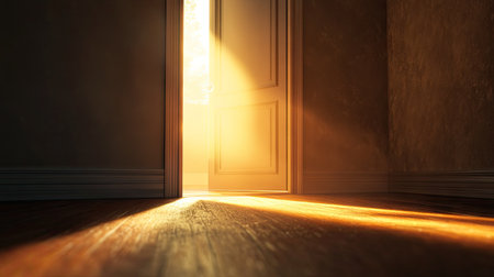 Warm sunlight pouring through a door portal into an empty room, illuminating the floor with a soft glow.の素材