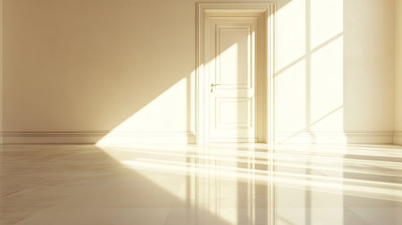 Bright sunlight spilling through a door portal, casting soft reflections on the clean floor of an empty room.の素材
