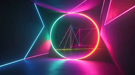 A dynamic neon-colored geometric circle in the center, radiating bright hues of pink, blue, and green against a pitch-black background. The colors pop with an electrifying glow.の素材